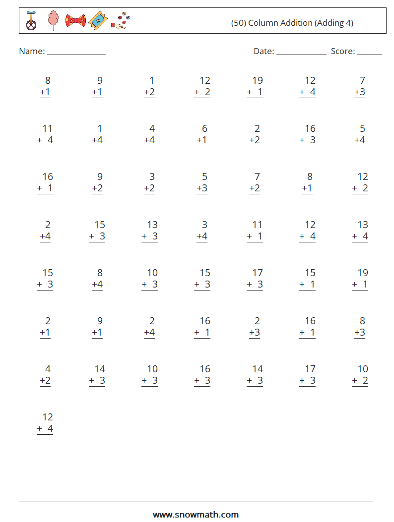 (50) Column Addition (Adding 4) Math Worksheets 17