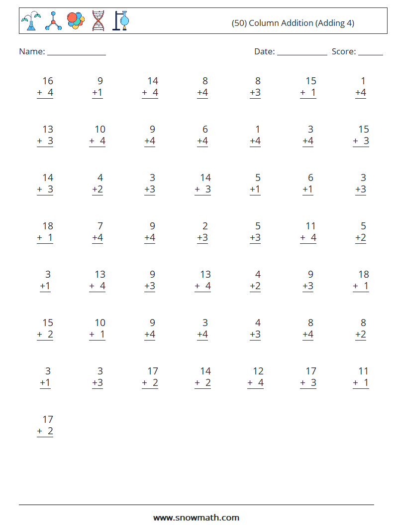 (50) Column Addition (Adding 4) Math Worksheets 2