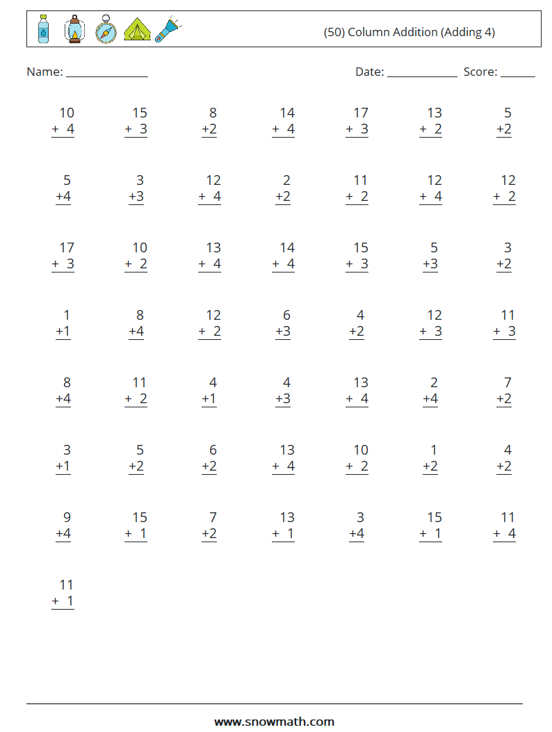 (50) Column Addition (Adding 4) Math Worksheets 3
