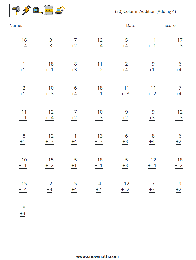 (50) Column Addition (Adding 4) Math Worksheets 8