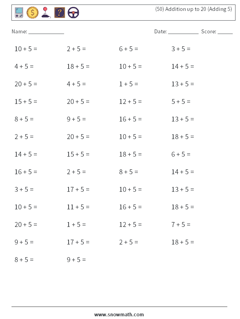 (50) Addition up to 20 (Adding 5) Math Worksheets 3