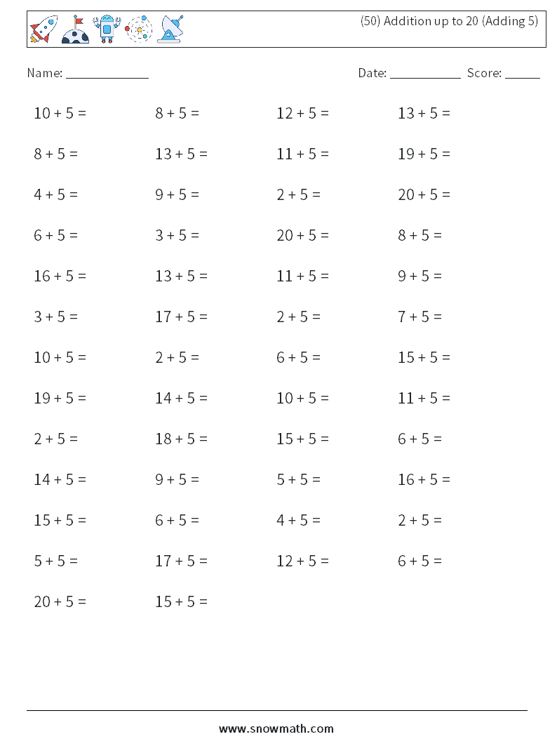 (50) Addition up to 20 (Adding 5) Math Worksheets 4