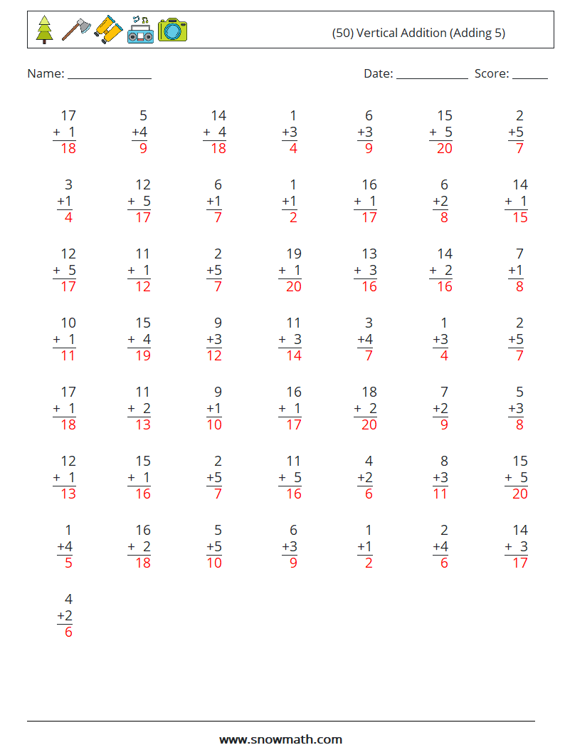 (50) Vertical  Addition (Adding 5) Math Worksheets 11 Question, Answer