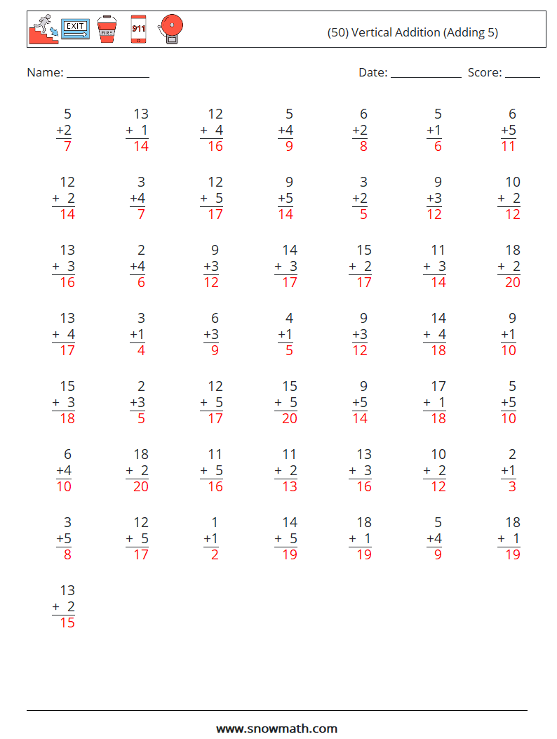 (50) Vertical  Addition (Adding 5) Math Worksheets 15 Question, Answer