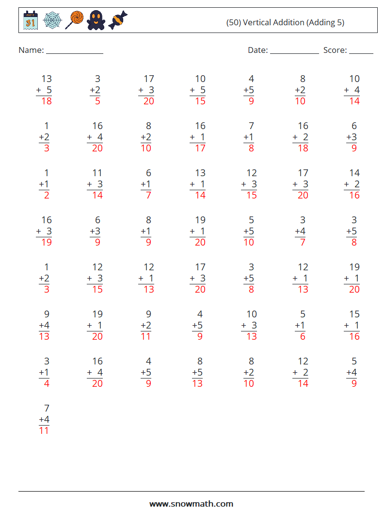 (50) Vertical  Addition (Adding 5) Math Worksheets 17 Question, Answer