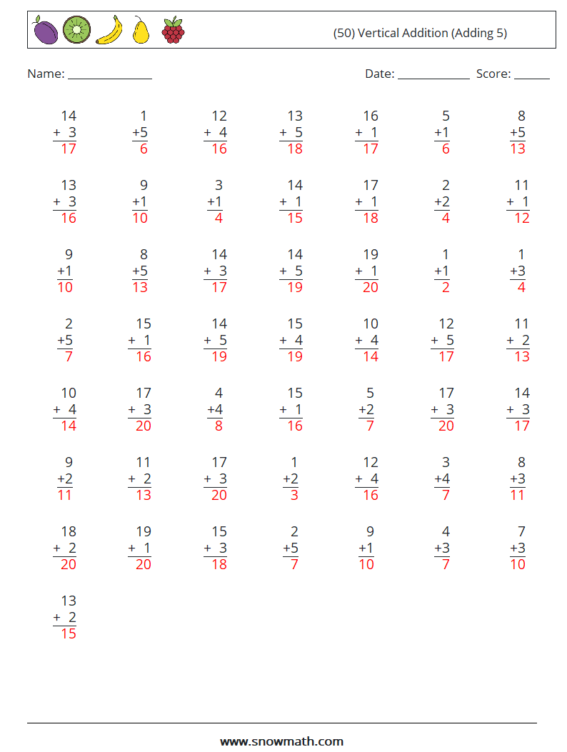 (50) Vertical  Addition (Adding 5) Math Worksheets 18 Question, Answer