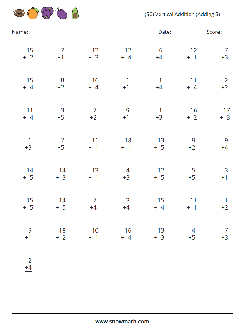 (50) vertical addition (adding 5) Math Worksheets, Math Practice for Kids.