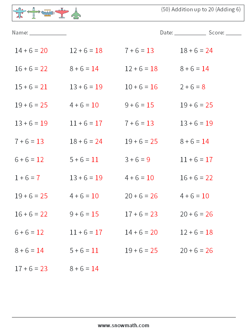 (50) Addition up to 20 (Adding 6) Math Worksheets 1 Question, Answer