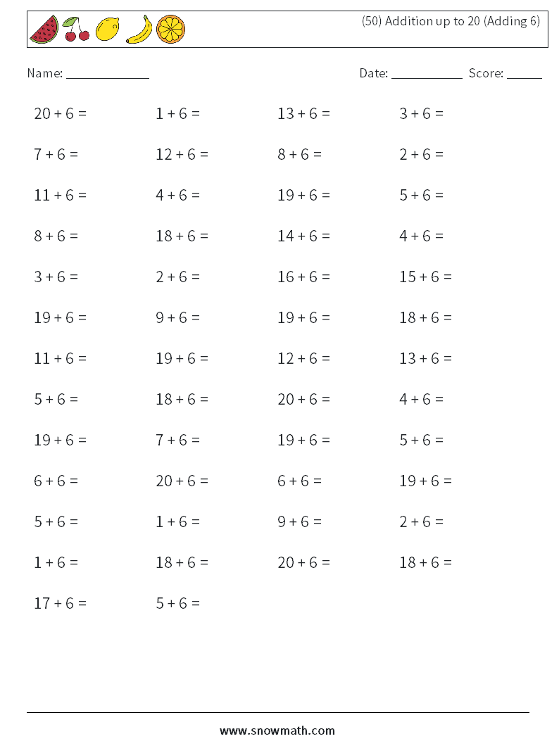 (50) Addition up to 20 (Adding 6) Math Worksheets 3