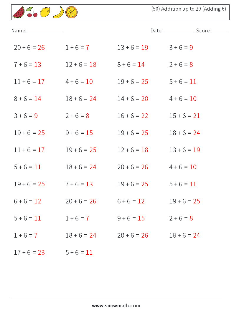 (50) Addition up to 20 (Adding 6) Math Worksheets 3 Question, Answer