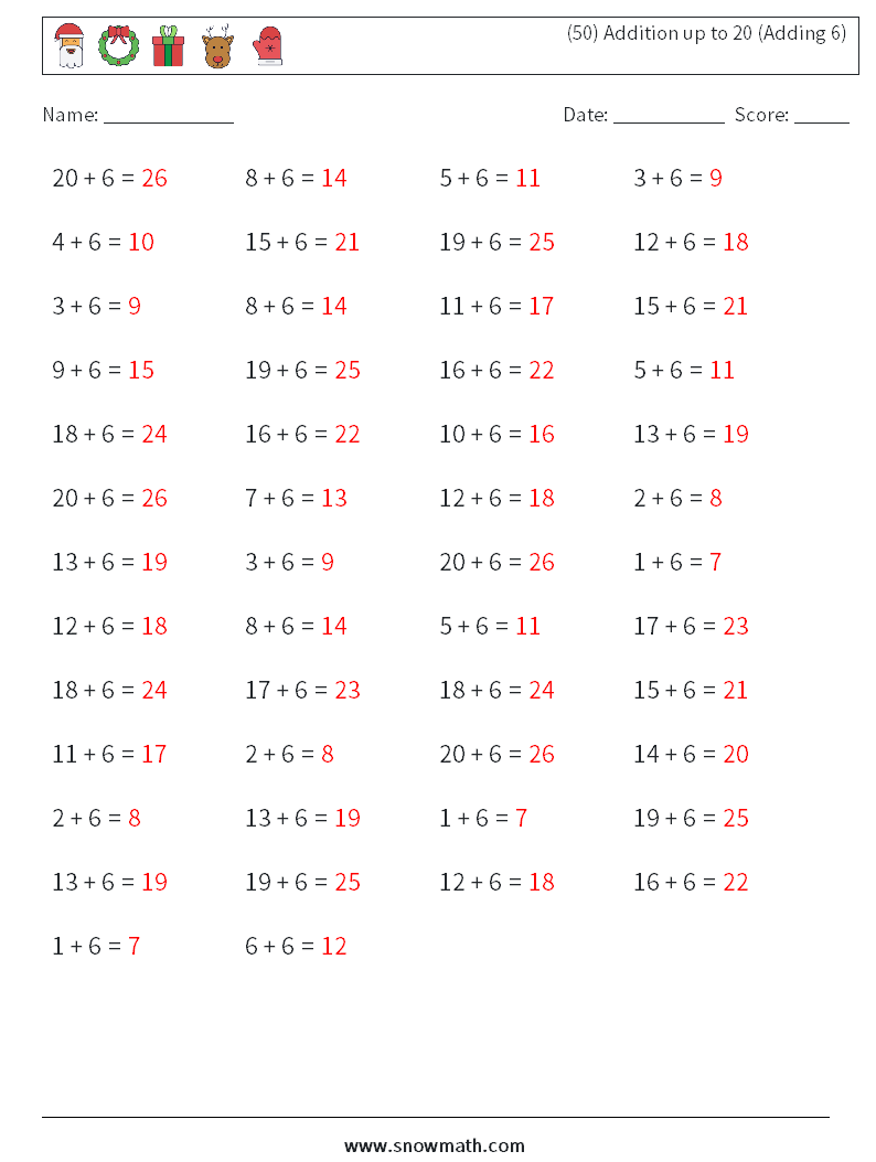 (50) Addition up to 20 (Adding 6) Math Worksheets 4 Question, Answer