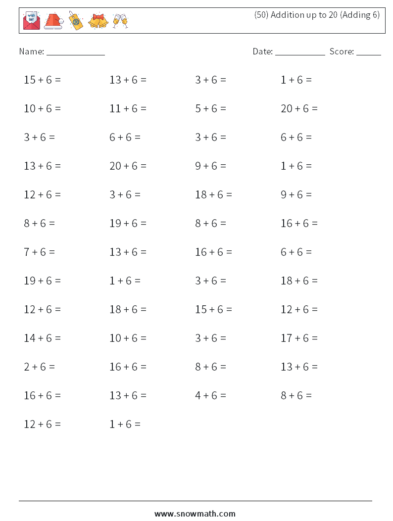 (50) Addition up to 20 (Adding 6) Math Worksheets 5
