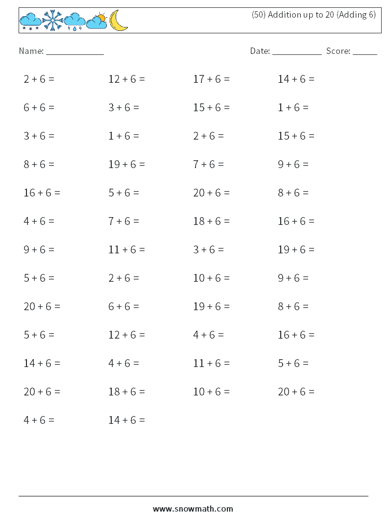 (50) Addition up to 20 (Adding 6) Math Worksheets 7