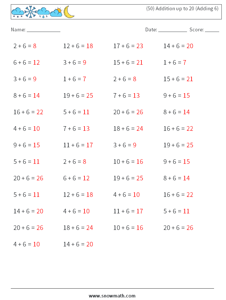 (50) Addition up to 20 (Adding 6) Math Worksheets 7 Question, Answer