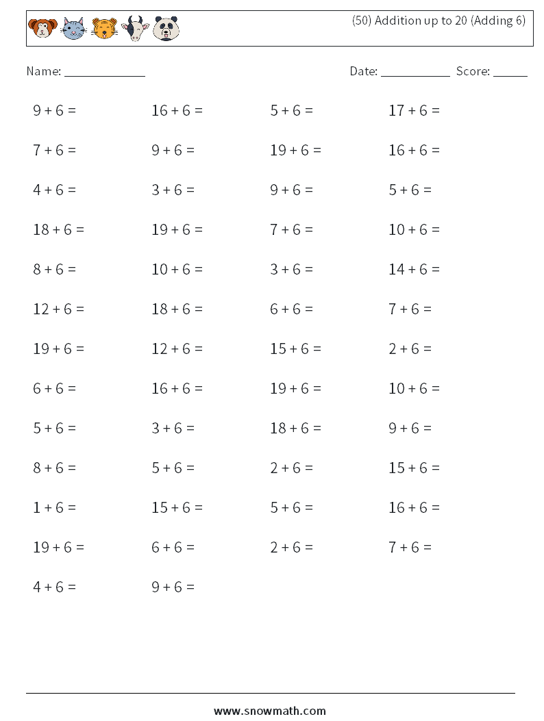 (50) Addition up to 20 (Adding 6) Math Worksheets 8