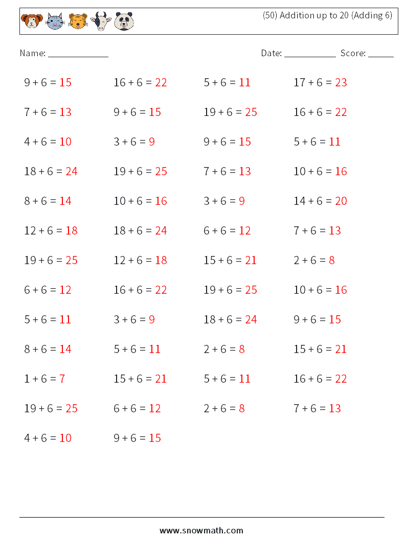 (50) Addition up to 20 (Adding 6) Math Worksheets 8 Question, Answer