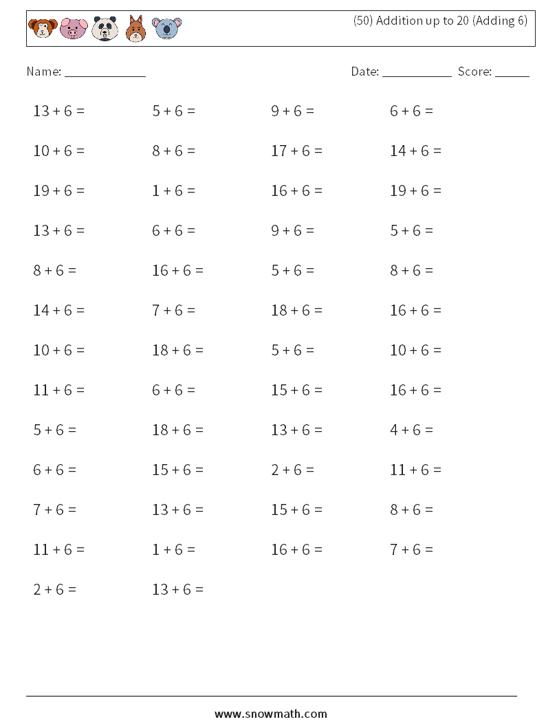 (50) Addition up to 20 (Adding 6) Maths Worksheets 9