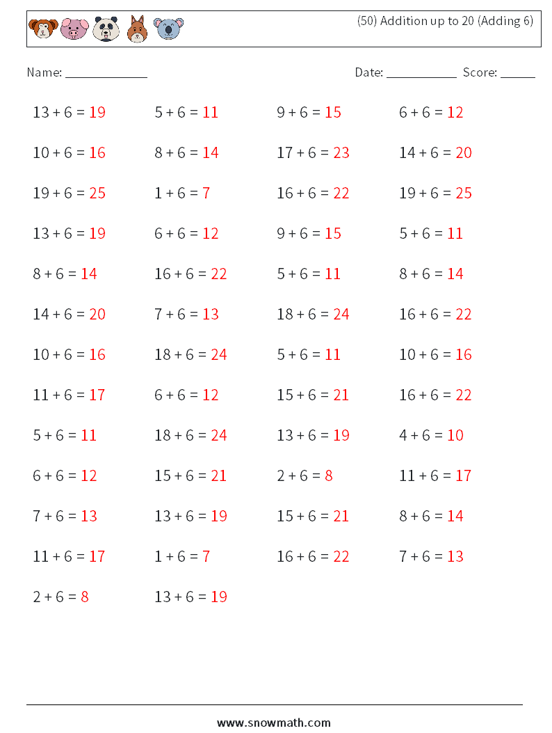 (50) Addition up to 20 (Adding 6) Math Worksheets 9 Question, Answer
