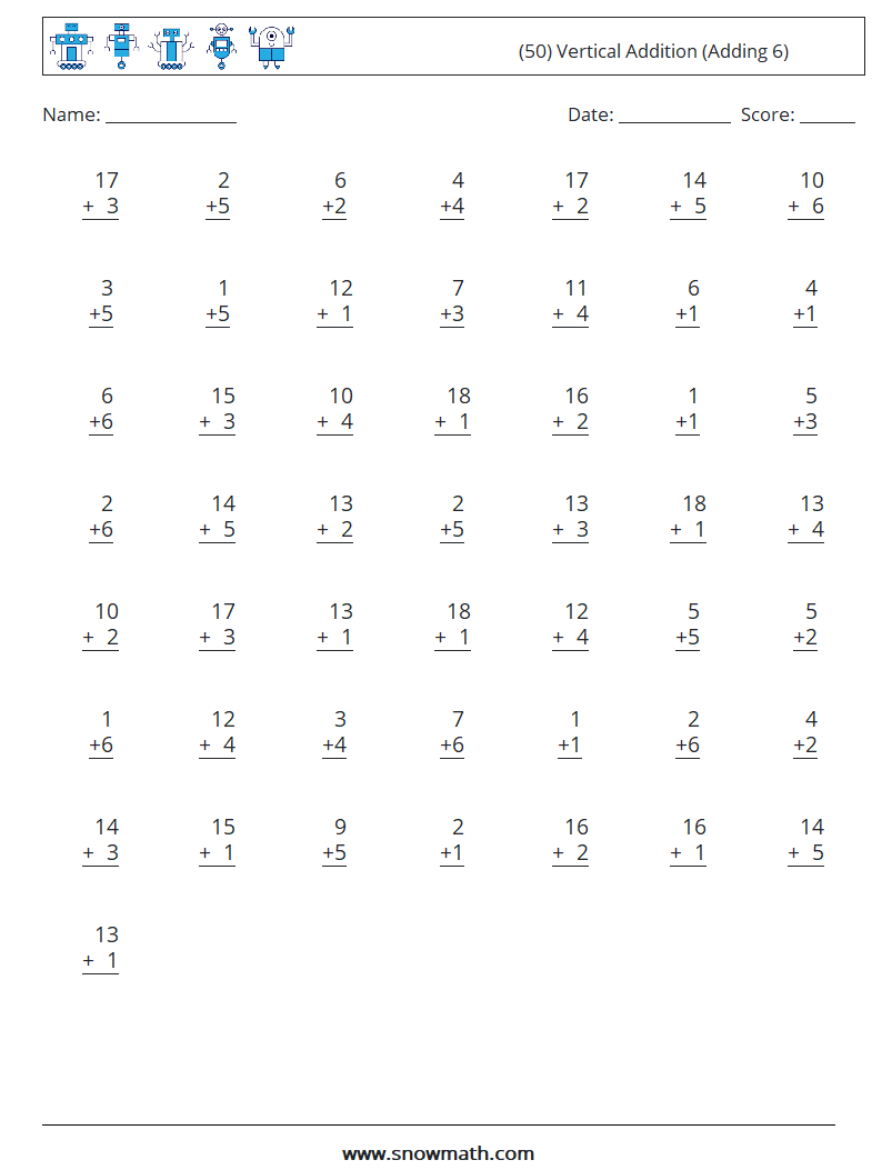(50) Vertical  Addition (Adding 6) Maths Worksheets 10