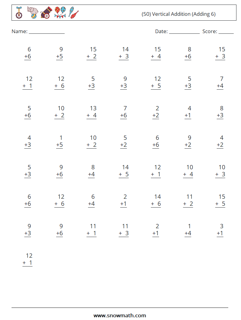 (50) Vertical  Addition (Adding 6) Maths Worksheets 11