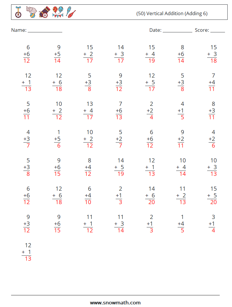 (50) Vertical  Addition (Adding 6) Math Worksheets 11 Question, Answer