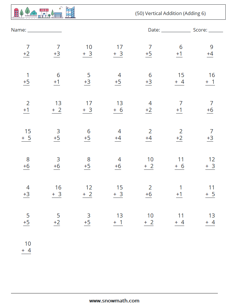 (50) Vertical  Addition (Adding 6) Math Worksheets 12