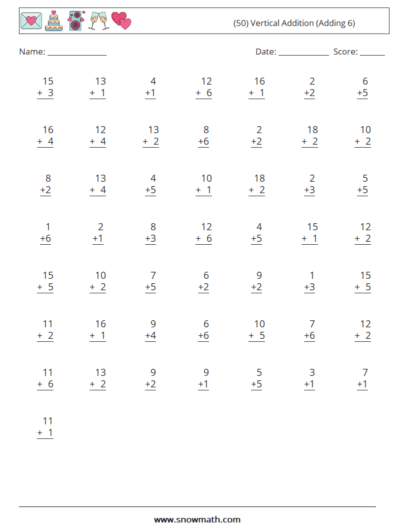 (50) Vertical  Addition (Adding 6) Math Worksheets 13
