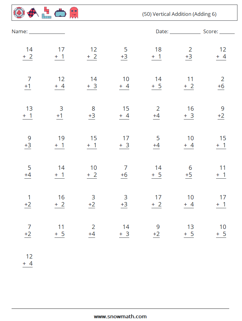 (50) Vertical  Addition (Adding 6) Math Worksheets 15