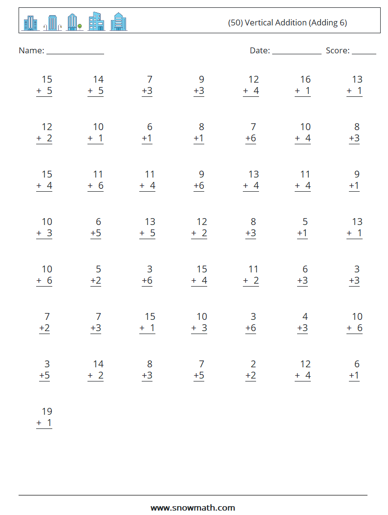 (50) Vertical  Addition (Adding 6) Maths Worksheets 16