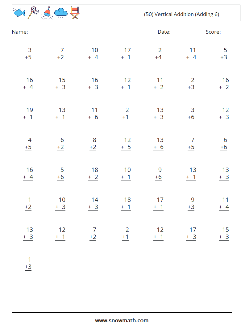 (50) Vertical  Addition (Adding 6) Maths Worksheets 17