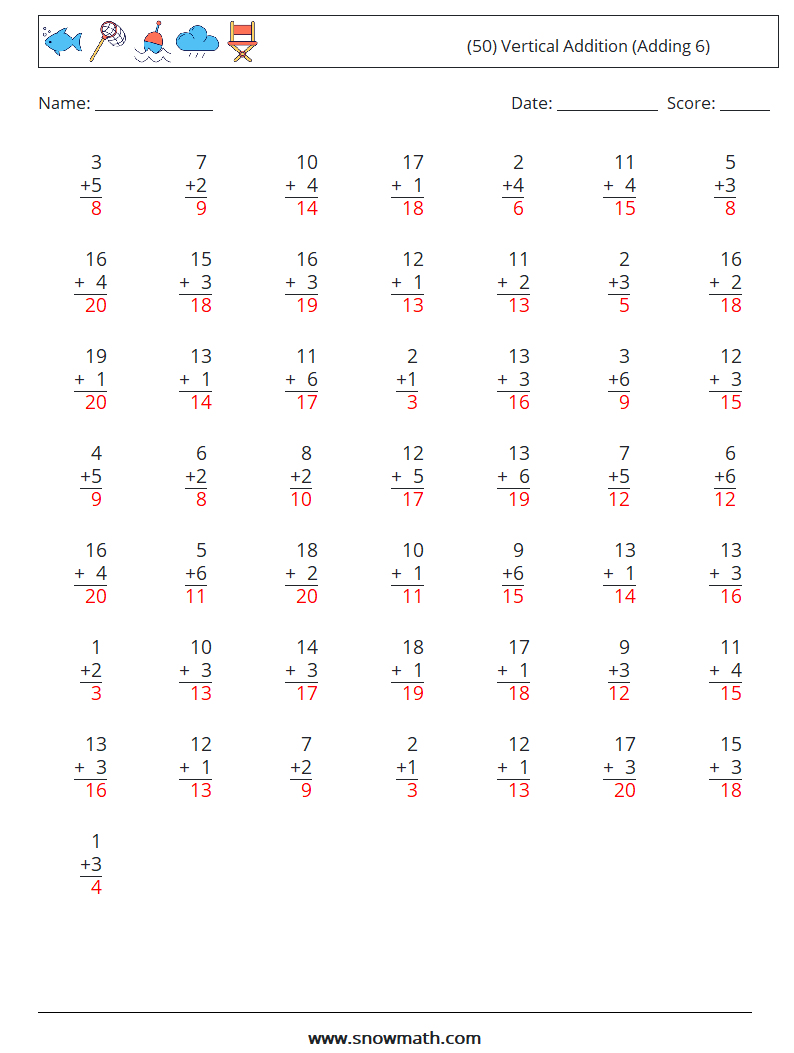 (50) Vertical  Addition (Adding 6) Math Worksheets 17 Question, Answer