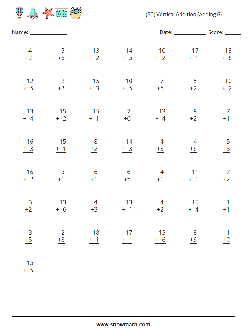 (50) Vertical  Addition (Adding 6) Math Worksheets 18