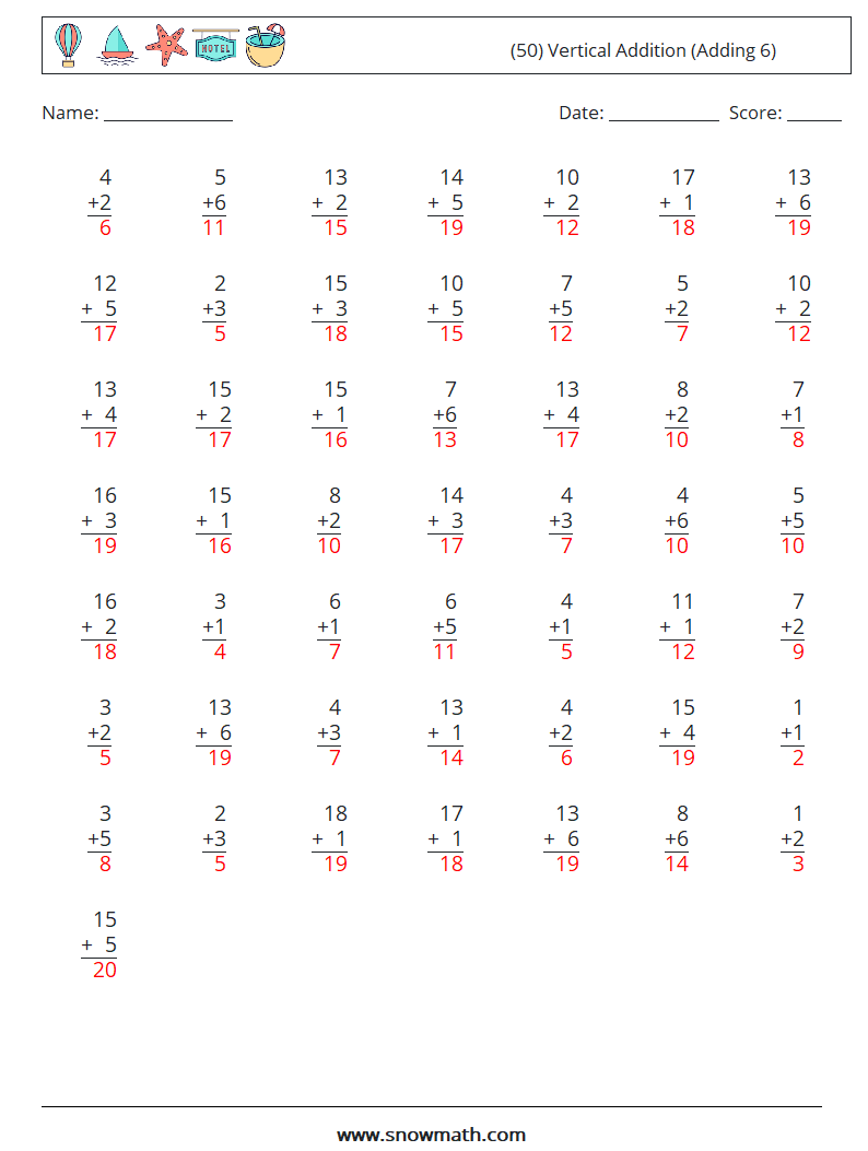 (50) Vertical  Addition (Adding 6) Math Worksheets 18 Question, Answer