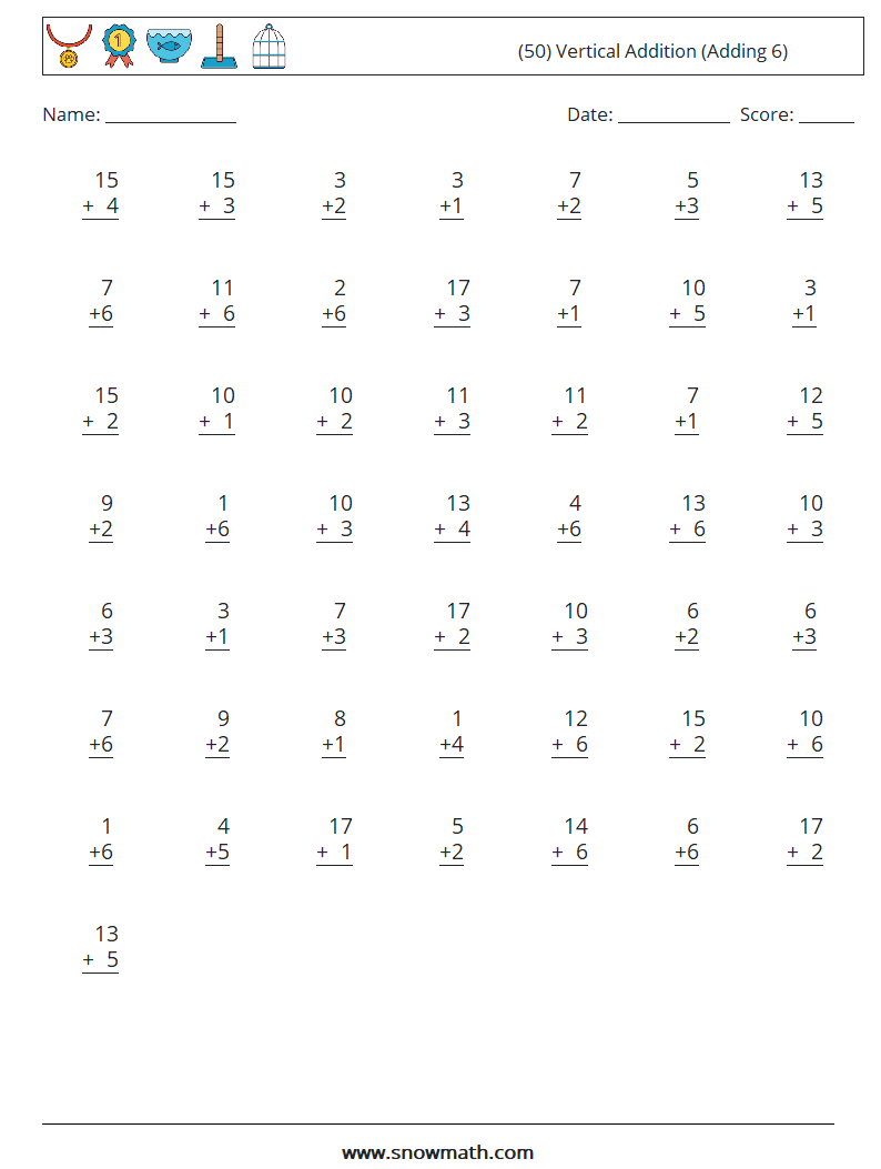 (50) Vertical  Addition (Adding 6) Maths Worksheets 2