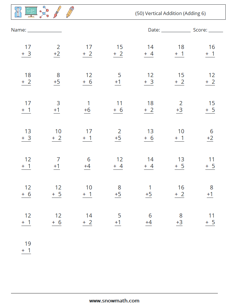 (50) Vertical  Addition (Adding 6) Math Worksheets 4