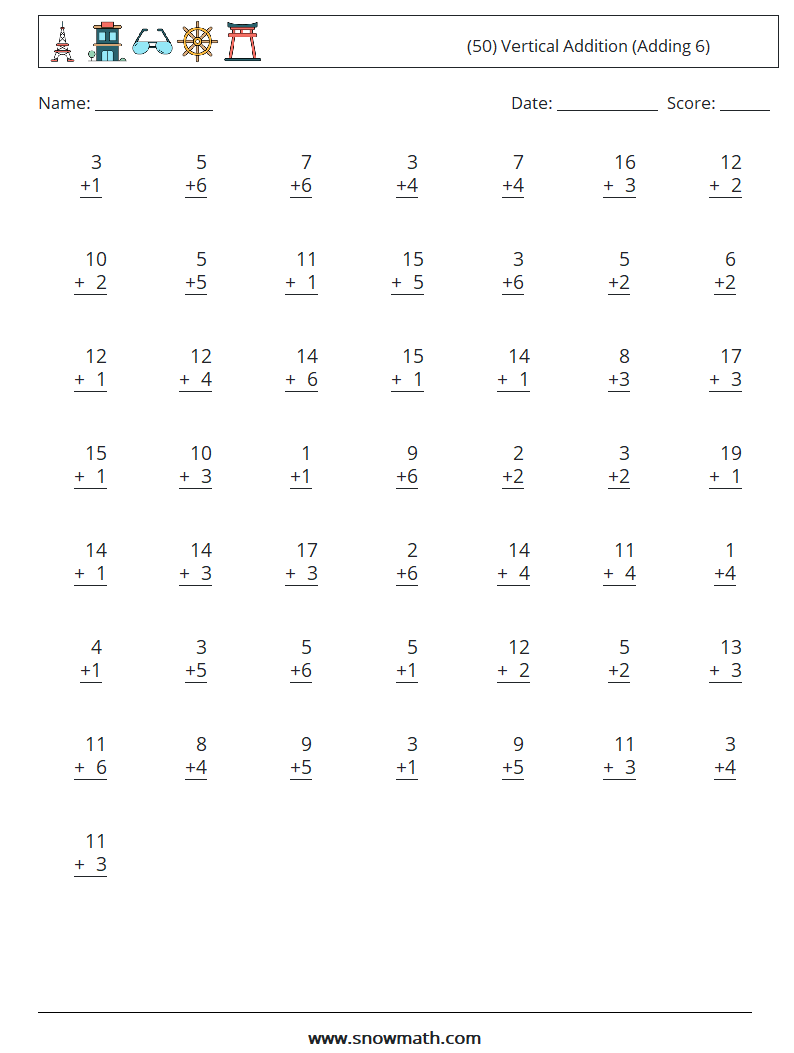 (50) Vertical  Addition (Adding 6) Maths Worksheets 7