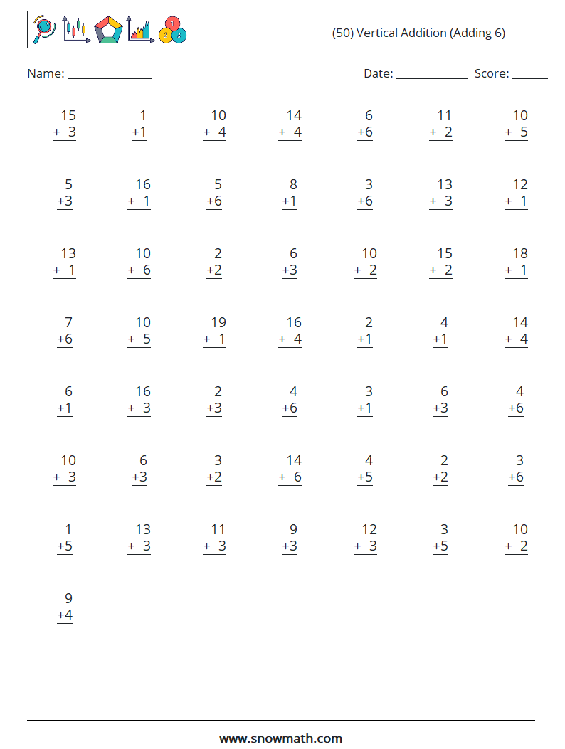 (50) Vertical  Addition (Adding 6) Math Worksheets 8
