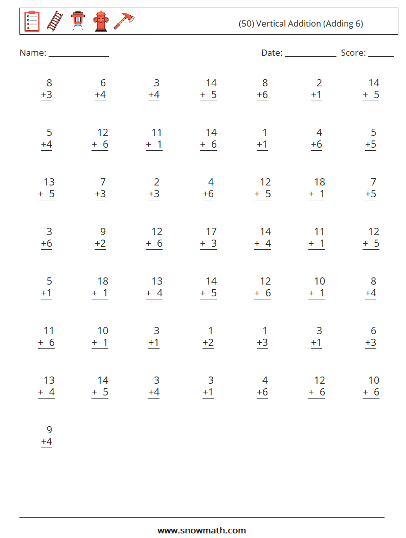 (50) Vertical  Addition (Adding 6) Math Worksheets 9
