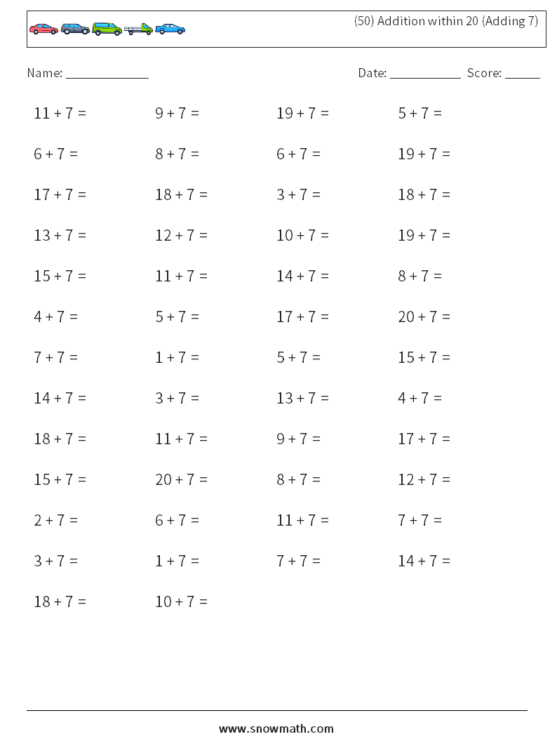 (50) Addition within 20 (Adding 7)