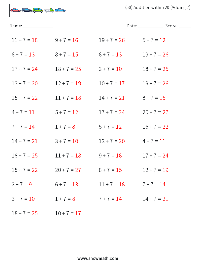 (50) Addition within 20 (Adding 7) Math Worksheets 1 Question, Answer
