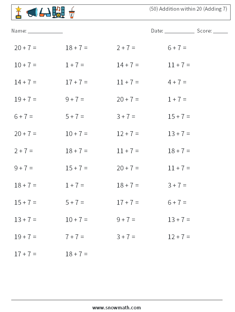 (50) Addition within 20 (Adding 7) Math Worksheets 2