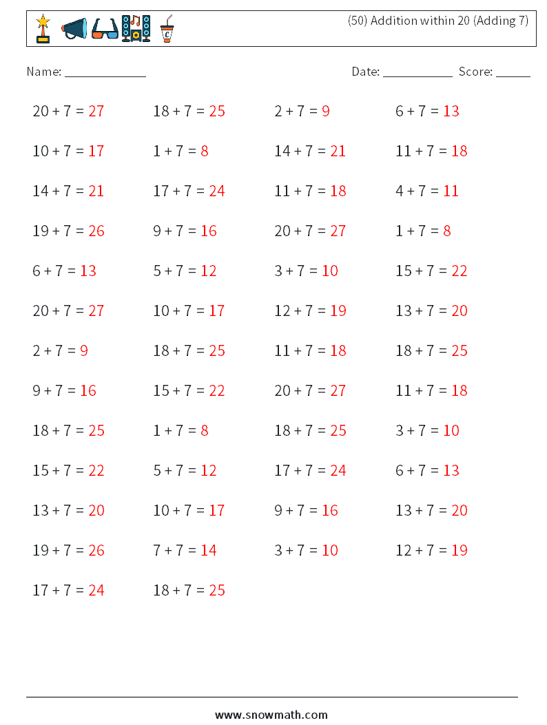 (50) Addition within 20 (Adding 7) Math Worksheets 2 Question, Answer