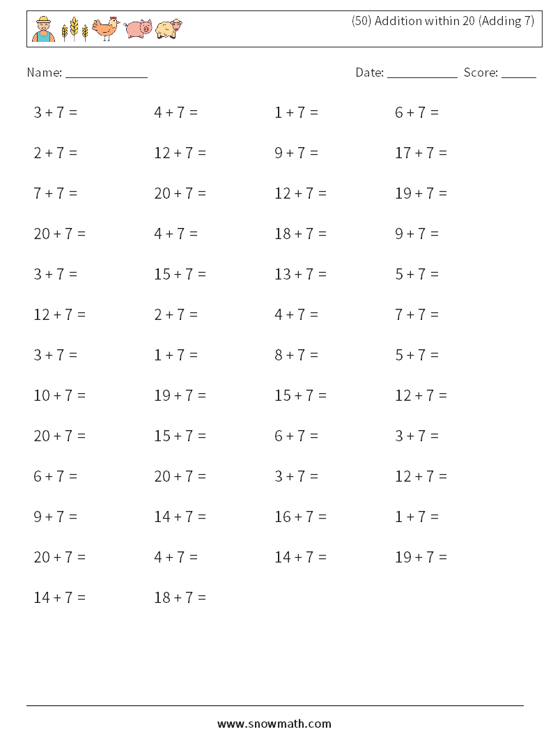 (50) Addition within 20 (Adding 7) Math Worksheets 3