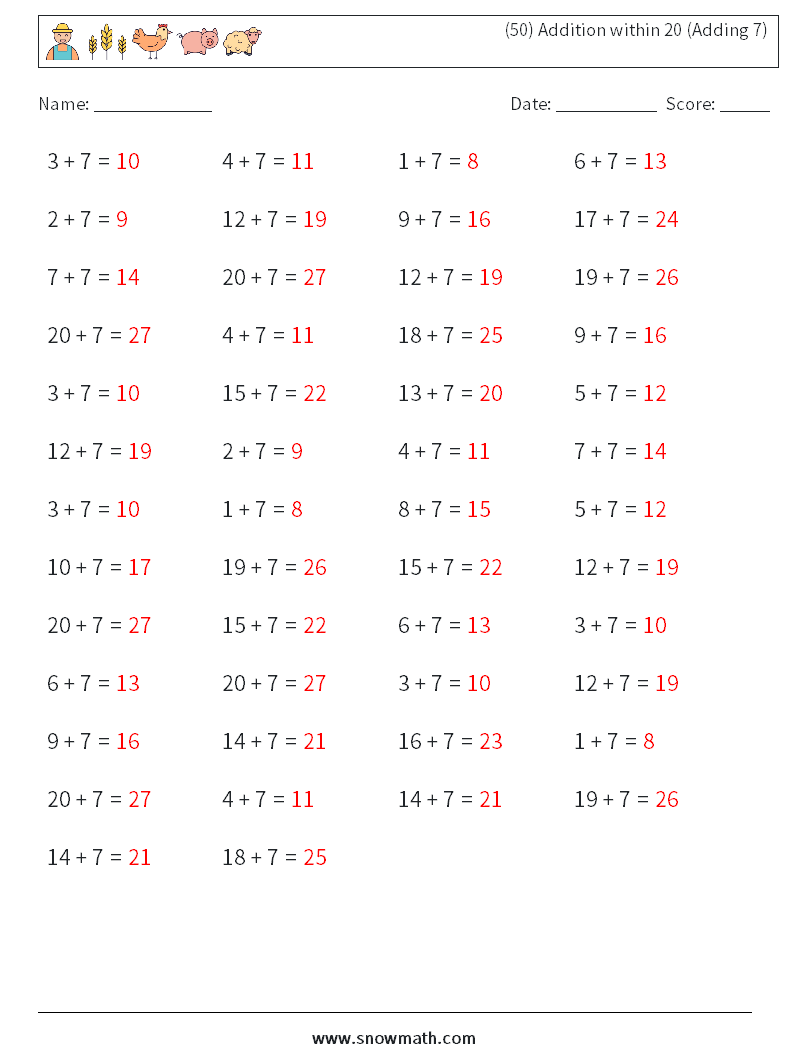 (50) Addition within 20 (Adding 7) Math Worksheets 3 Question, Answer