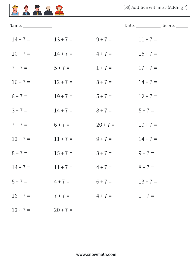 (50) Addition within 20 (Adding 7) Maths Worksheets 4