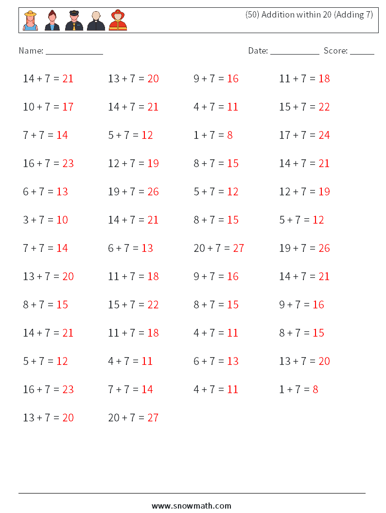 (50) Addition within 20 (Adding 7) Math Worksheets 4 Question, Answer