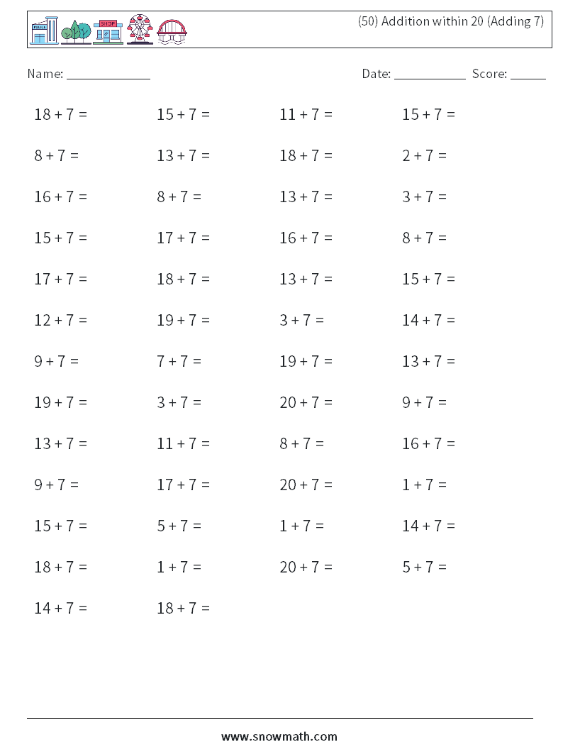 (50) Addition within 20 (Adding 7) Math Worksheets 5