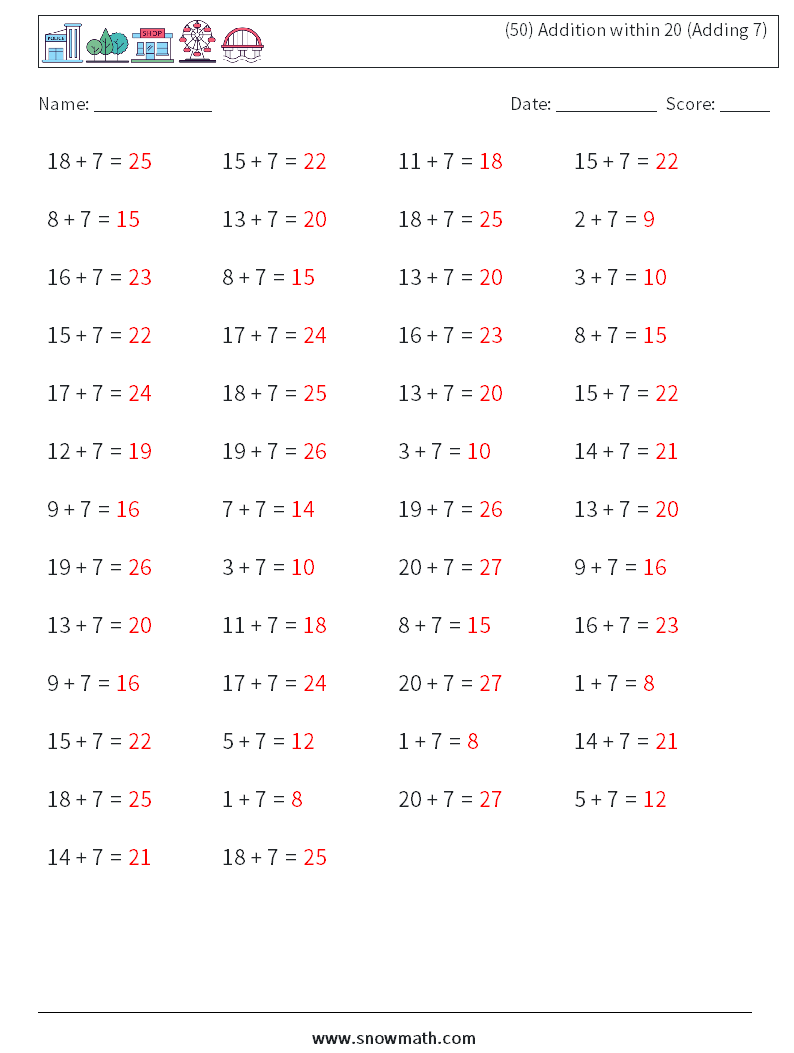 (50) Addition within 20 (Adding 7) Math Worksheets 5 Question, Answer