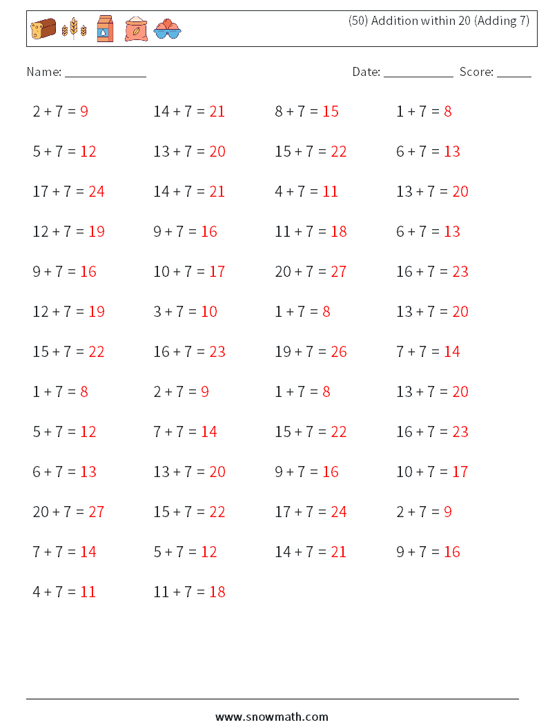 (50) Addition within 20 (Adding 7) Math Worksheets 6 Question, Answer