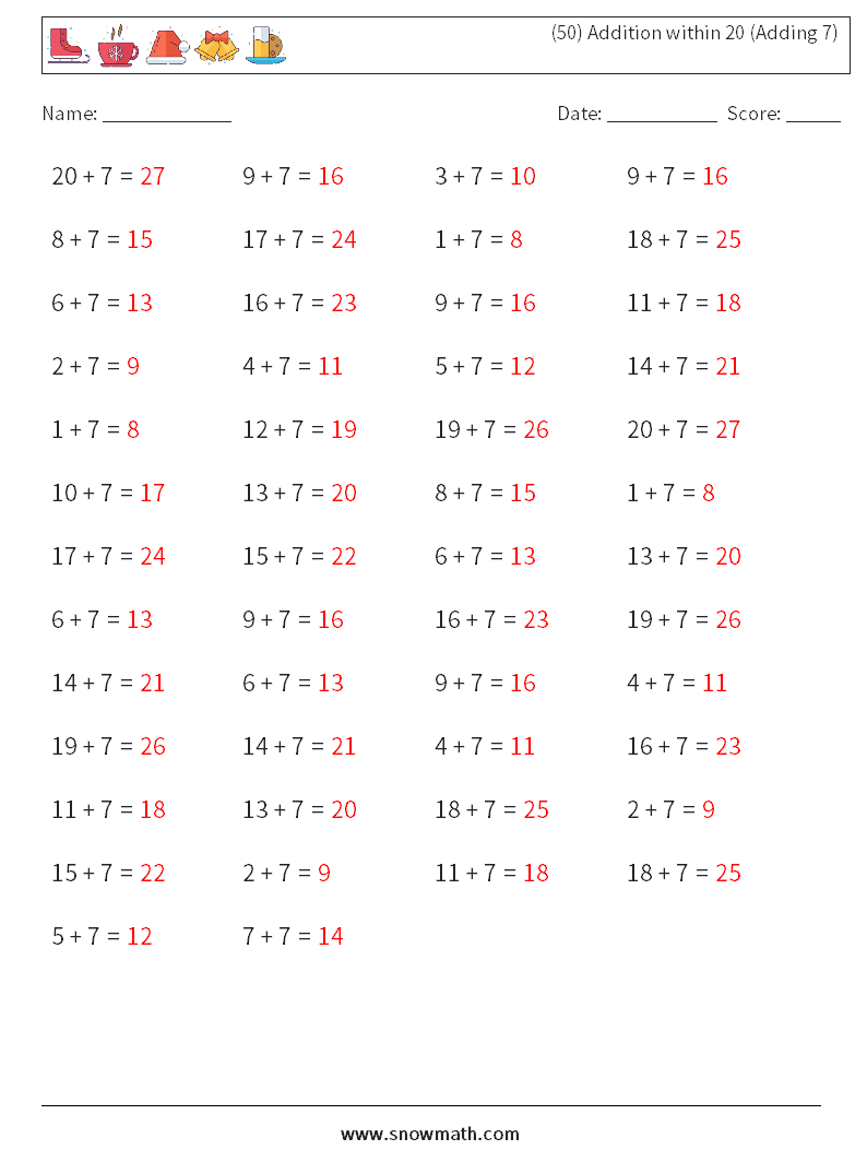 (50) Addition within 20 (Adding 7) Math Worksheets 7 Question, Answer